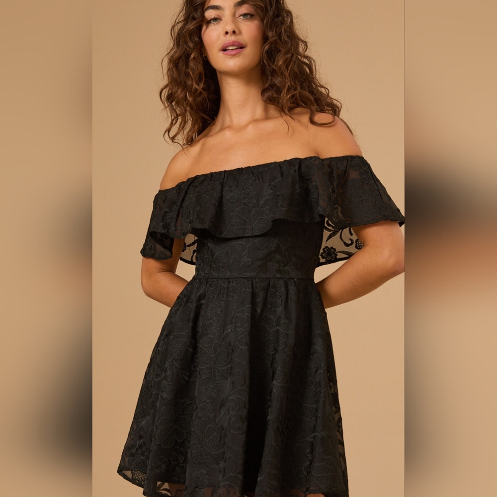NWT. Altar'd State Black Floral Off The Shoulder Mini Dress